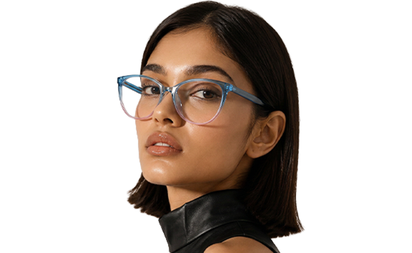 Woman wearing blue cat-eye eyeglass frames