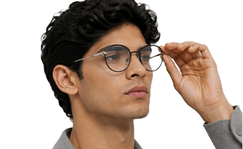 Man wearing round metal eyeglass frames