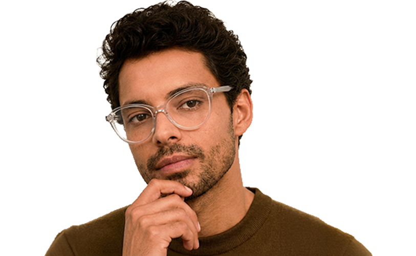 Man wearing clear eyeglass frames