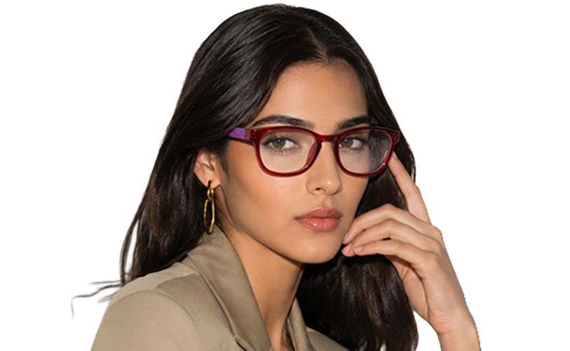 Woman wearing red statement eyeglass frames