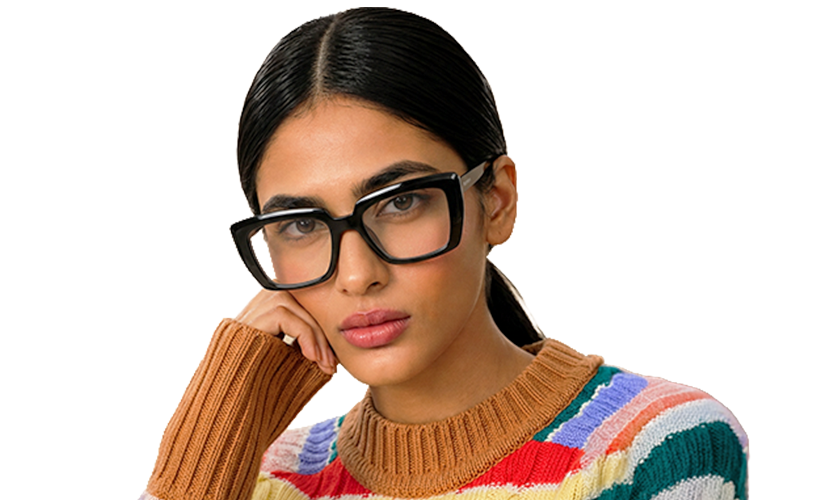 Woman wearing bold black eyeglass frames