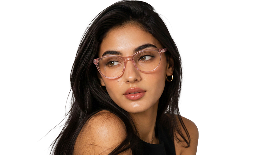 Woman wearing translucent pink eyeglass frames