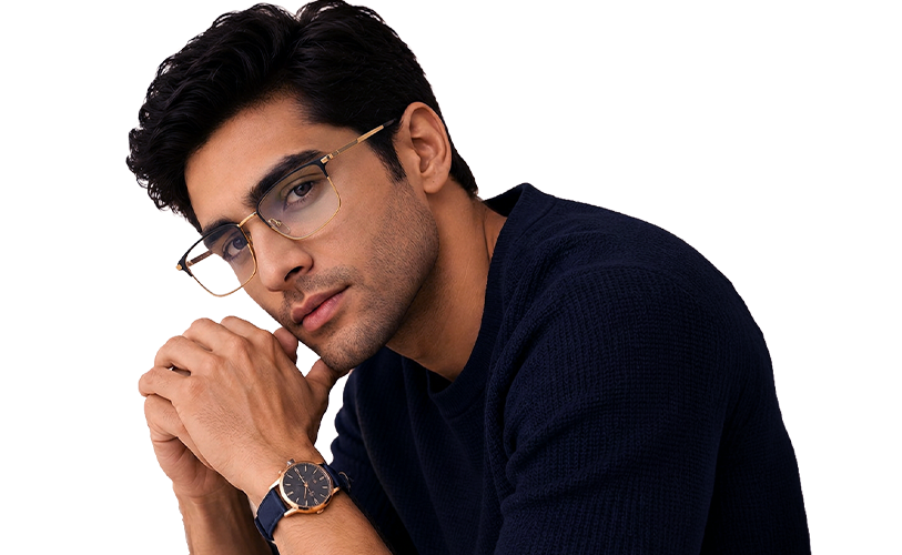Man wearing refined metal eyeglass frames