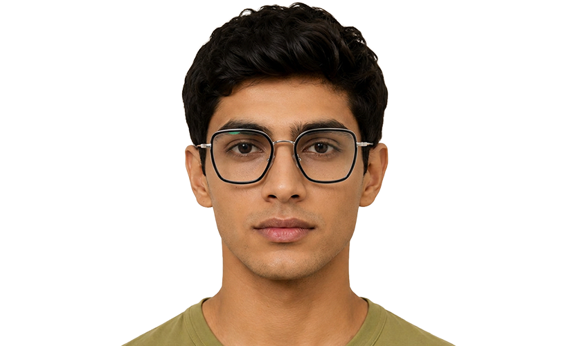 Man wearing black rectangular eyeglass frames