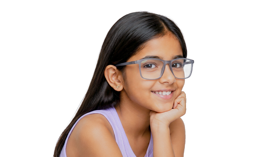 Girl wearing grey rectangular eyeglass frames